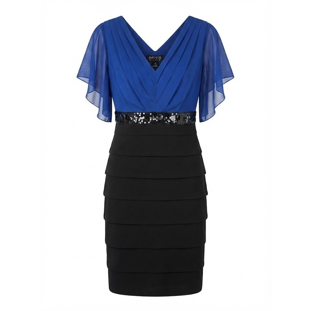 Enfocus Studio Cocktail Dress Womens 10 Blue Tiered Skirt Sequin Belt V-Neck